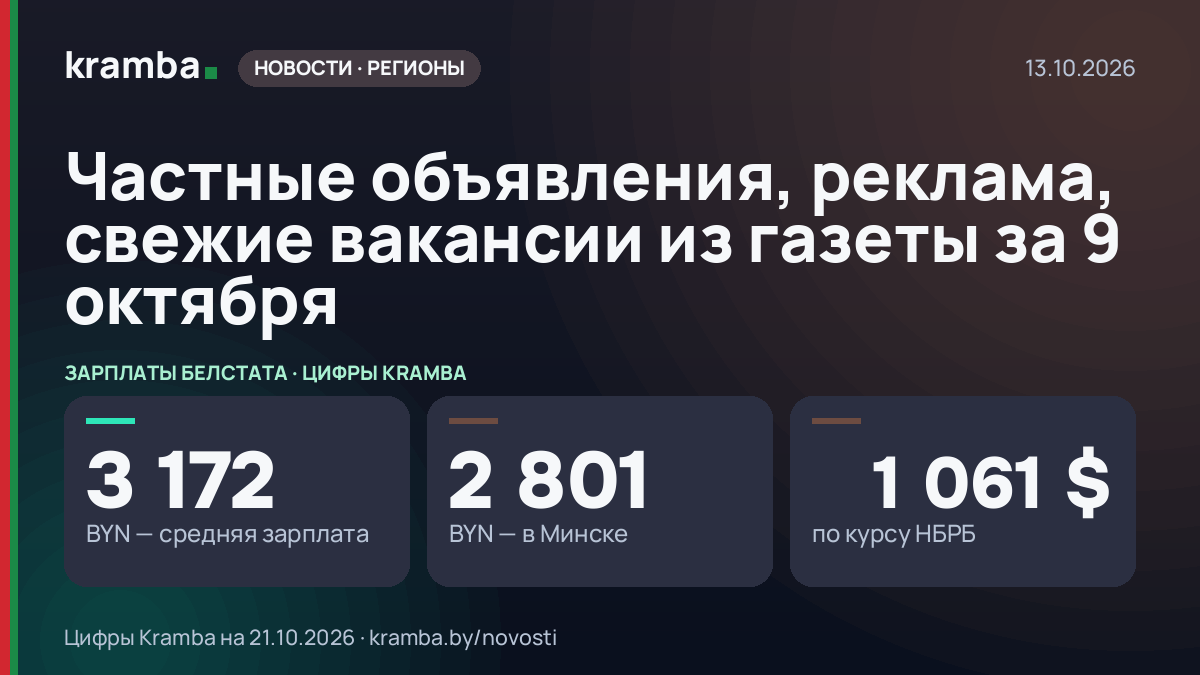 Инфографика Kramba: Частные объявления, реклама, свежие вакансии из газеты за 9 октября