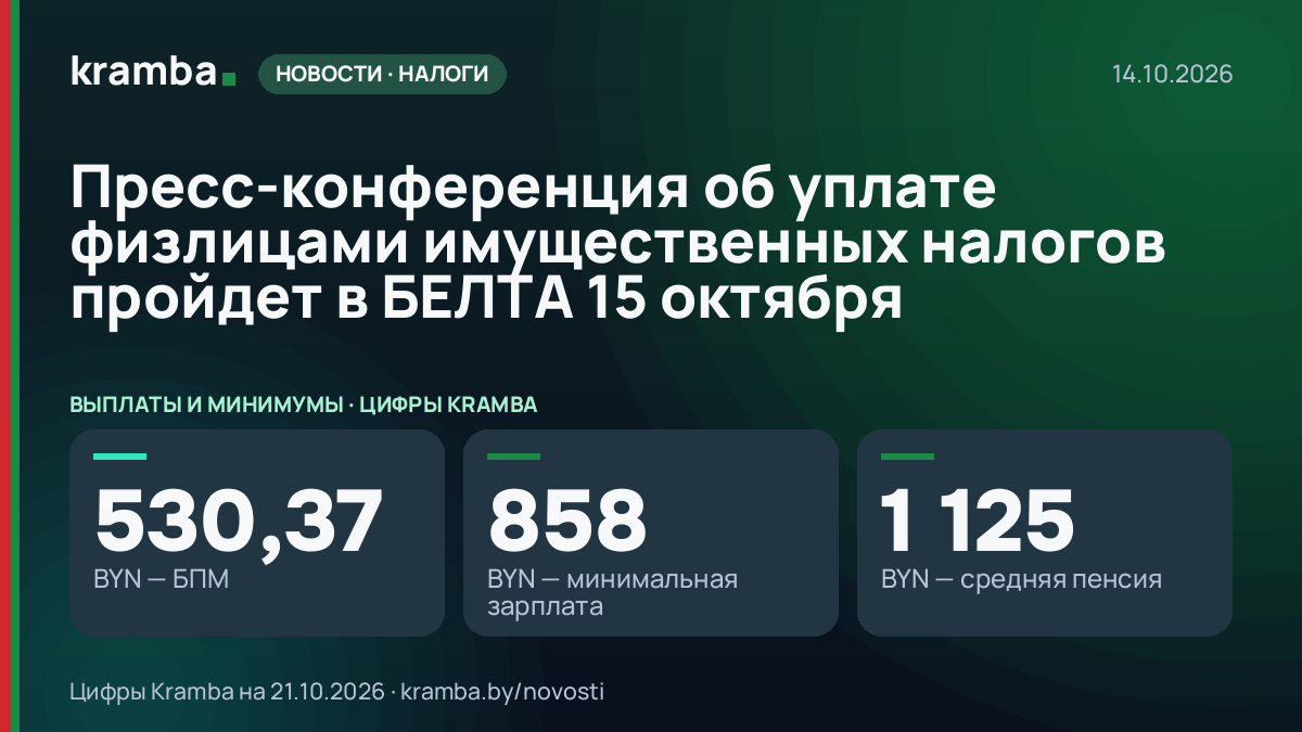 Инфографика Kramba: Пресс-конференция об уплате физлицами имущественных налогов пройдет в БЕЛТА 15 октября