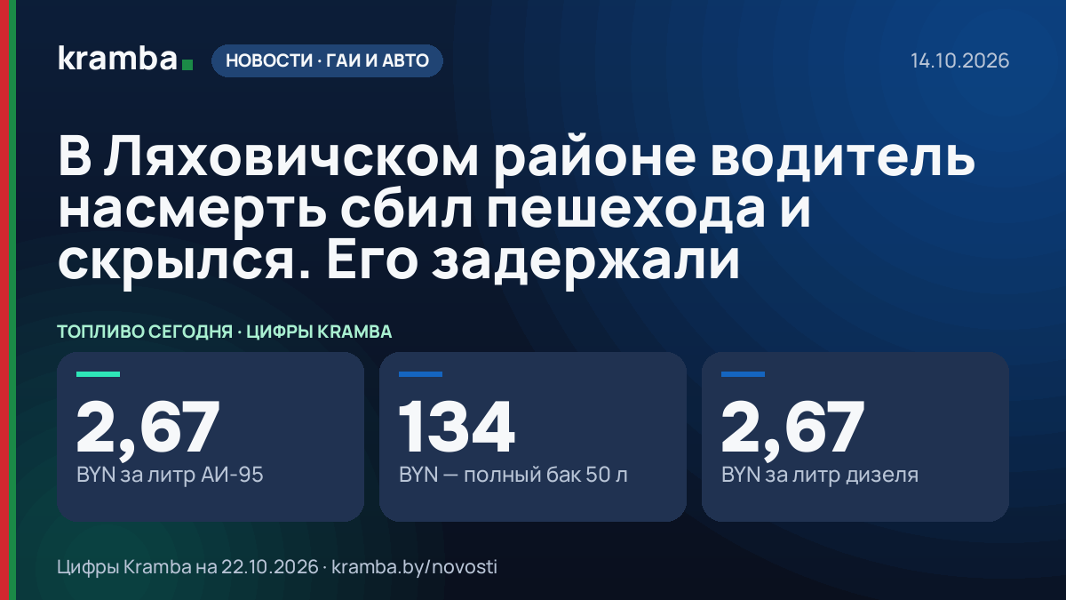 Инфографика Kramba: В Ляховичском районе водитель насмерть сбил пешехода и скрылся. Его задержали