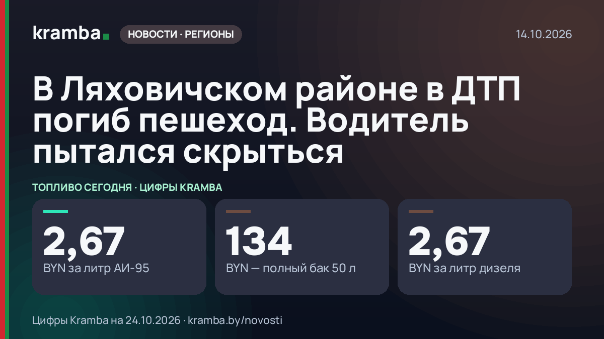 Инфографика Kramba: В Ляховичском районе в ДТП погиб пешеход. Водитель пытался скрыться
