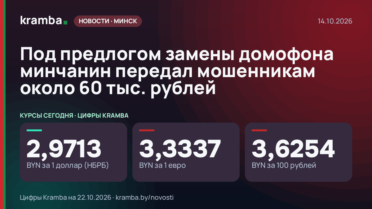 Инфографика Kramba: Под предлогом замены домофона минчанин передал мошенникам около 60 тыс. рублей