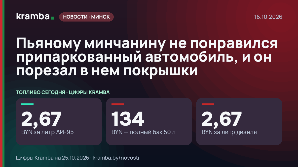 Инфографика Kramba: Пьяному минчанину не понравился припаркованный автомобиль, и он порезал в нем покрышки