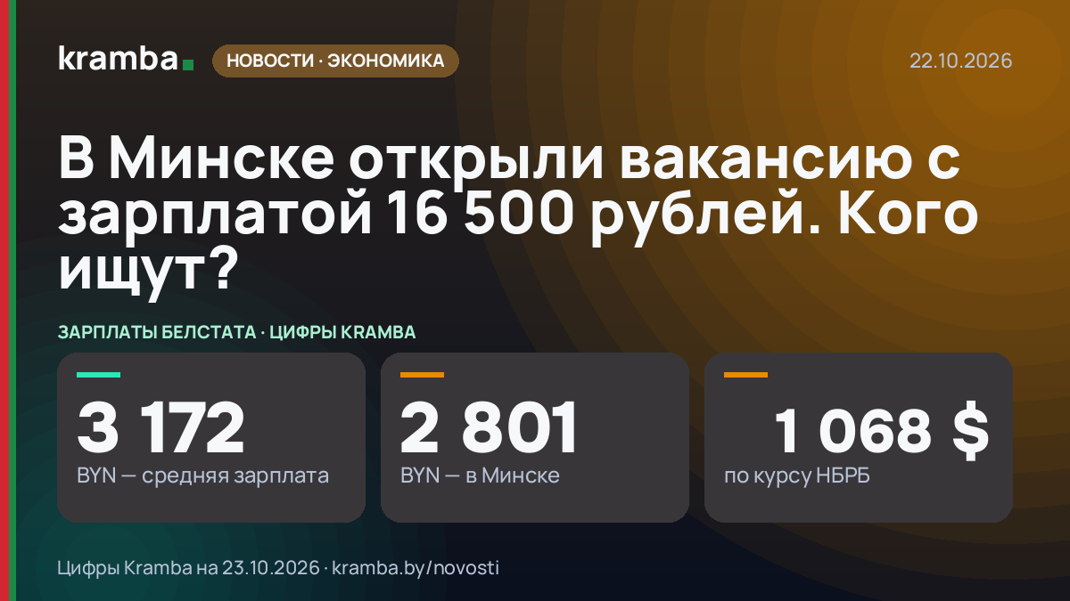 Инфографика Kramba: В Минске открыли вакансию с зарплатой 16 500 рублей. Кого ищут?