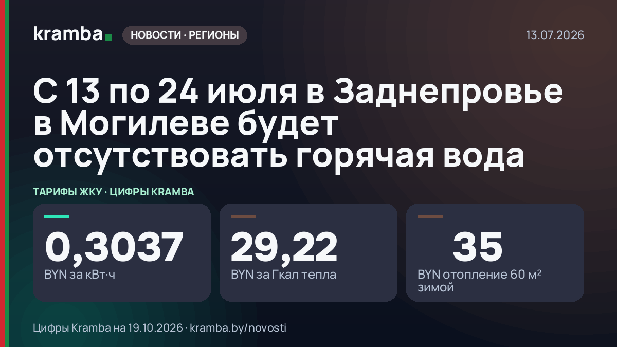Инфографика Kramba: С 13 по 24 июля в Заднепровье в Могилеве будет отсутствовать горячая вода
