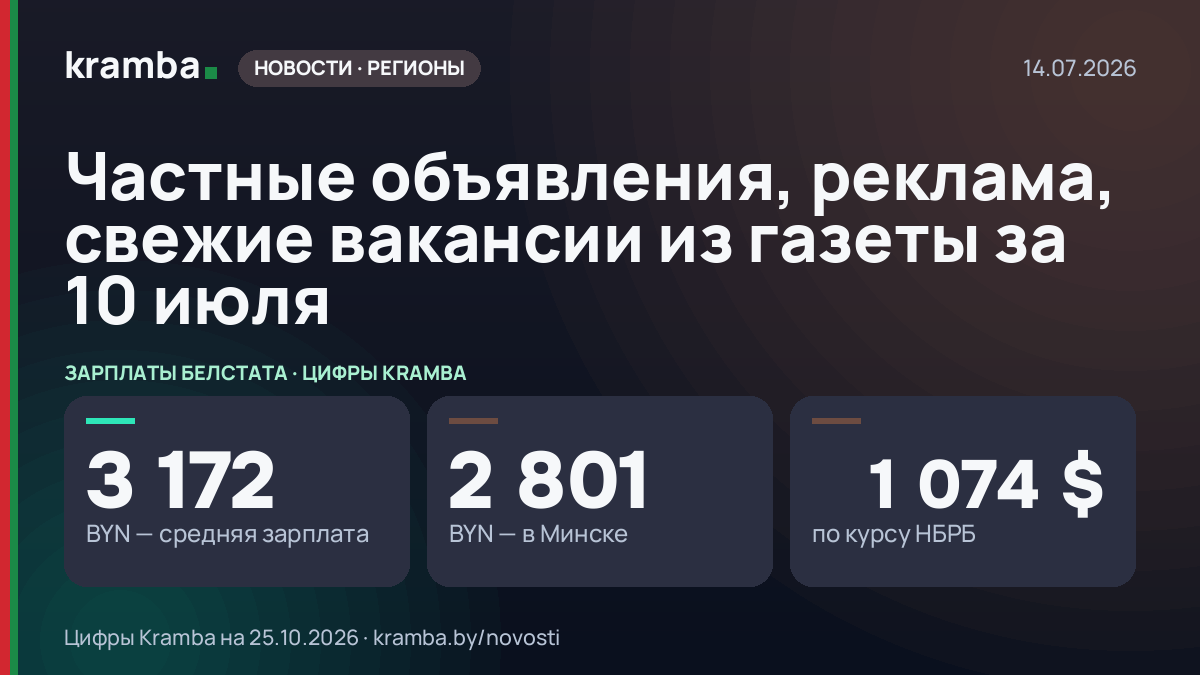 Инфографика Kramba: Частные объявления, реклама, свежие вакансии из газеты за 10 июля