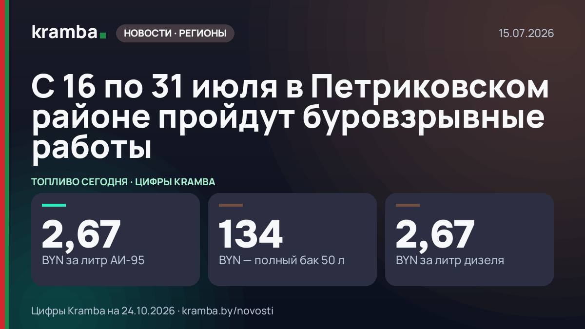 Инфографика Kramba: С 16 по 31 июля в Петриковском районе пройдут буровзрывные работы