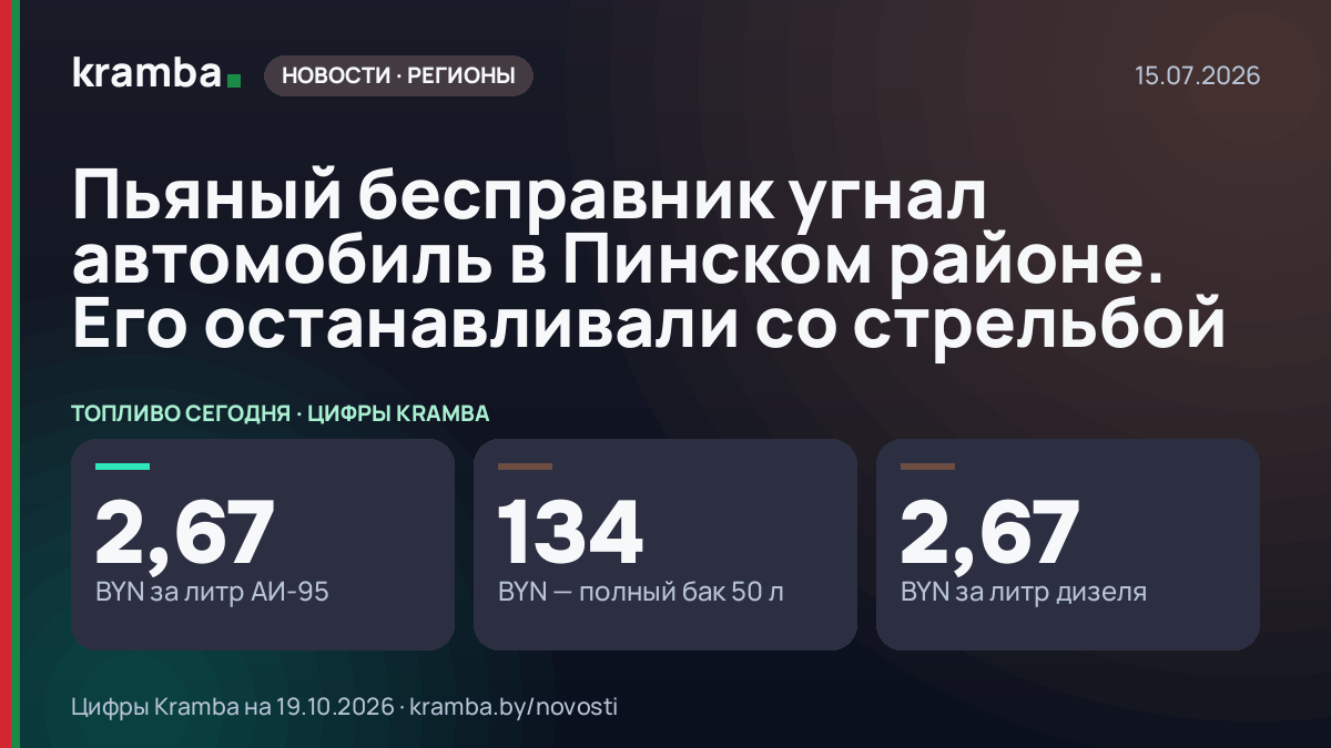 Инфографика Kramba: Пьяный бесправник угнал автомобиль в Пинском районе. Его останавливали со стрельбой