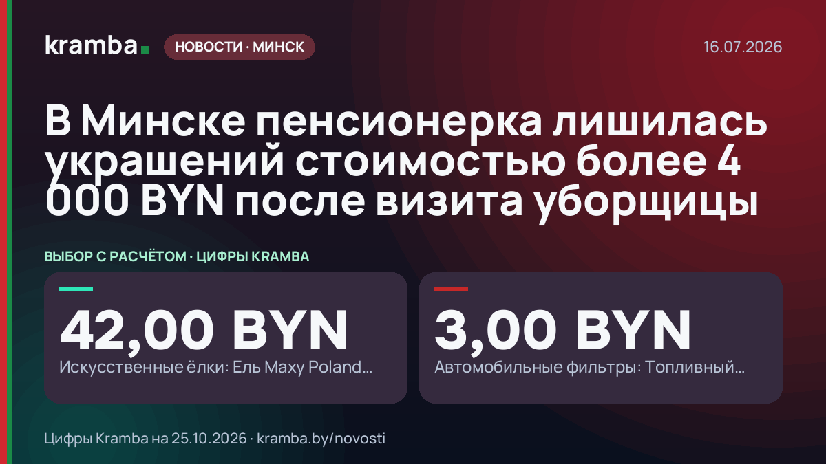 Инфографика Kramba: В Минске пенсионерка лишилась украшений стоимостью более 4 000 BYN после визита уборщицы