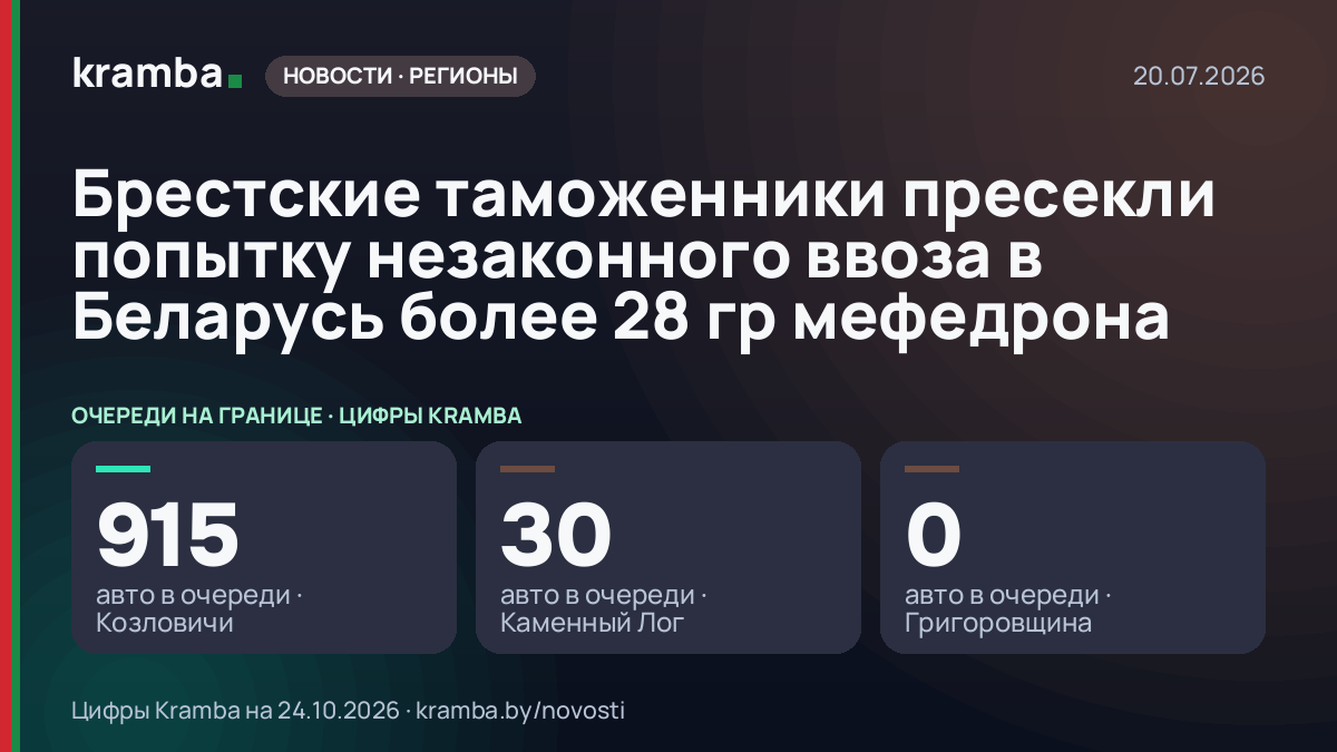 Инфографика Kramba: Брестские таможенники пресекли попытку незаконного ввоза в Беларусь более 28 гр мефедрона