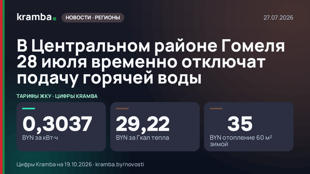 Инфографика Kramba: В Центральном районе Гомеля 28 июля временно отключат подачу горячей воды