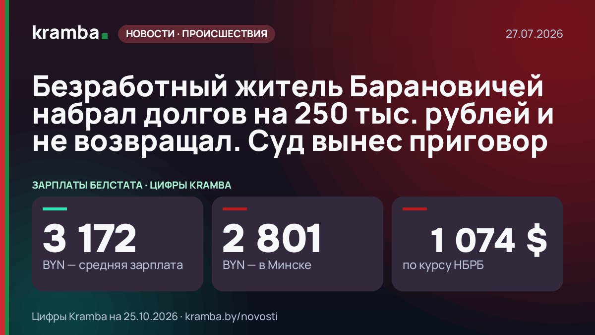Инфографика Kramba: Безработный житель Барановичей набрал долгов на 250 тыс. рублей и не возвращал. Суд…
