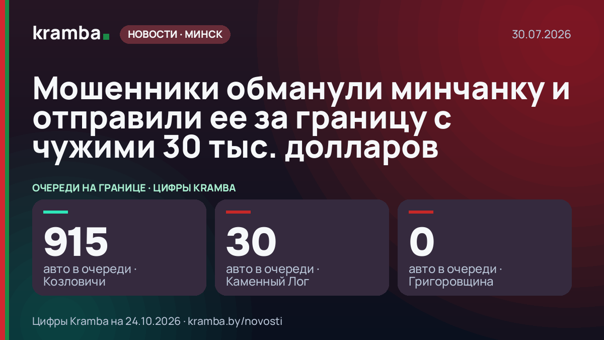 Инфографика Kramba: Мошенники обманули минчанку и отправили ее за границу с чужими 30 тыс. долларов