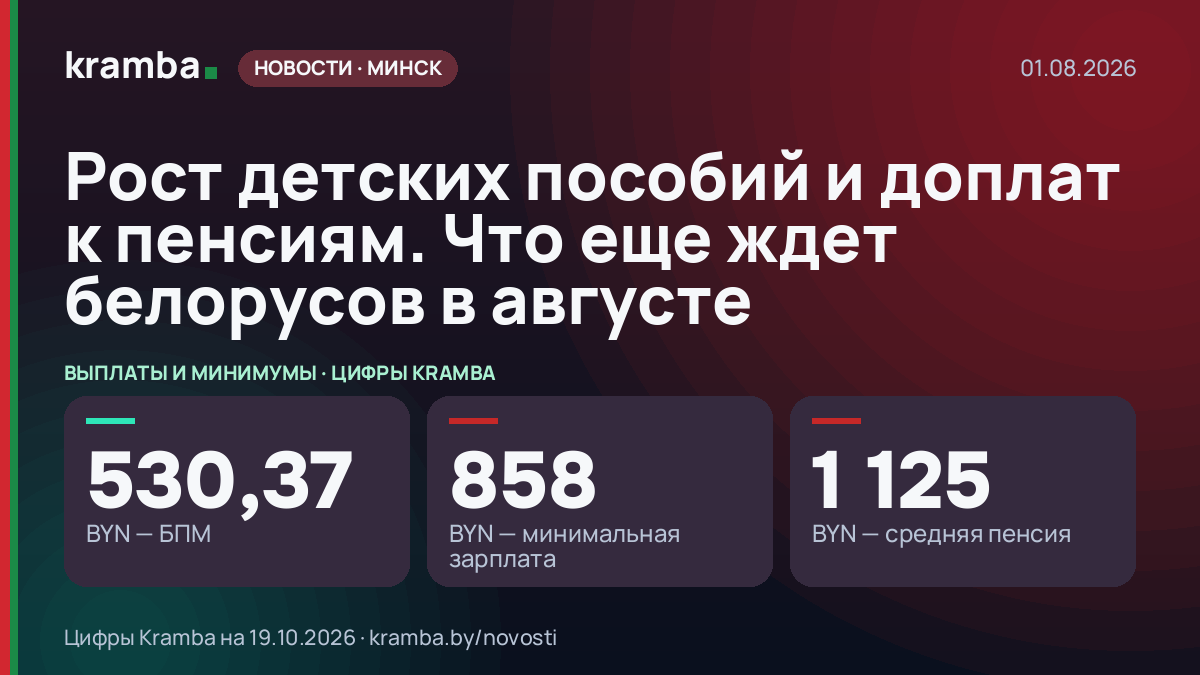 Инфографика Kramba: Рост детских пособий и доплат к пенсиям. Что еще ждет белорусов в августе