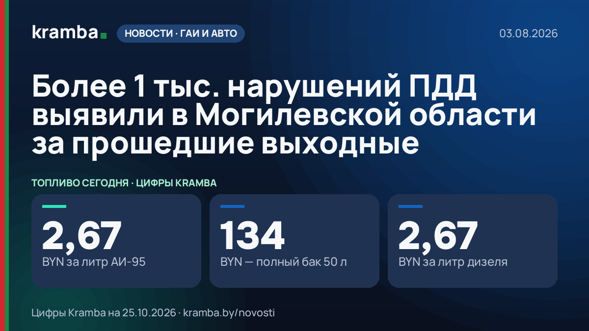 Инфографика Kramba: Более 1 тыс. нарушений ПДД выявили в Могилевской области за прошедшие выходные