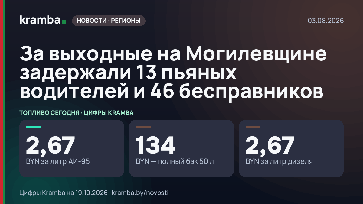 Инфографика Kramba: За выходные на Могилевщине задержали 13 пьяных водителей и 46 бесправников