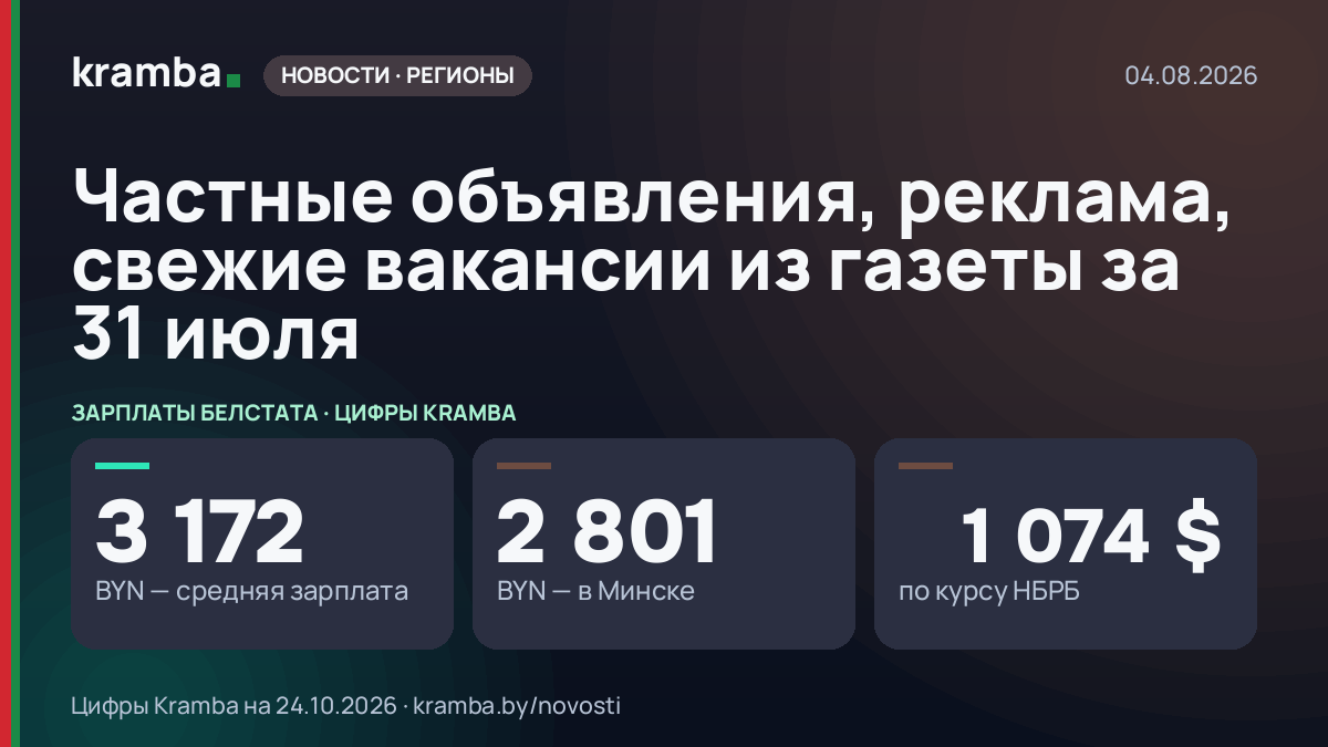 Инфографика Kramba: Частные объявления, реклама, свежие вакансии из газеты за 31 июля