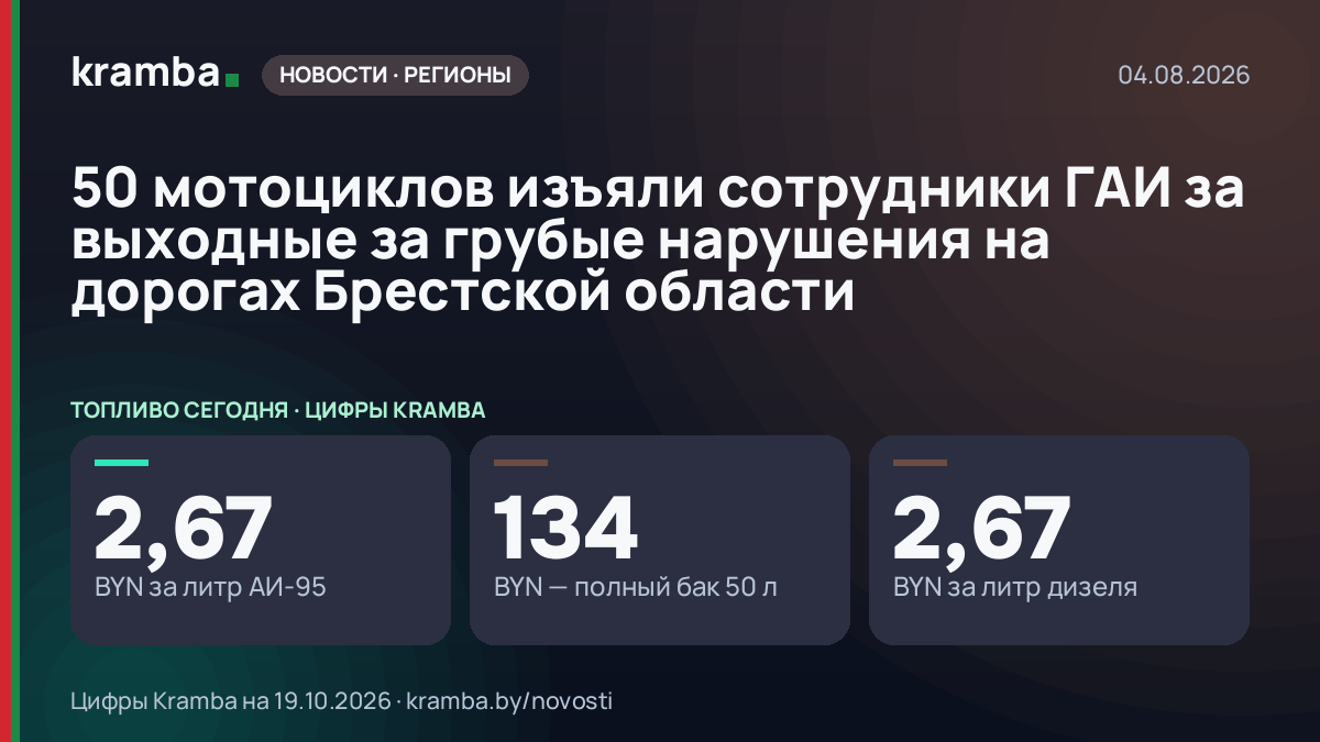 Инфографика Kramba: 50 мотоциклов изъяли сотрудники ГАИ за выходные за грубые нарушения на дорогах Брестской…