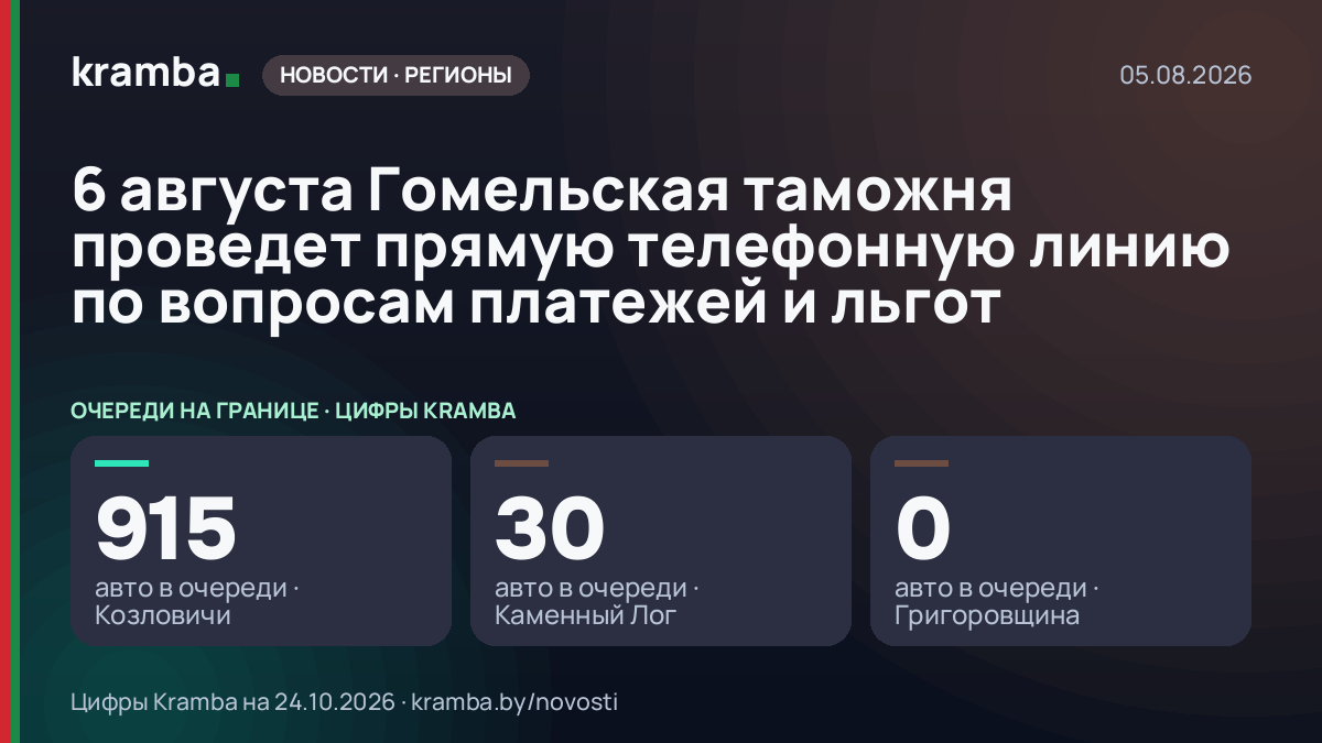 Инфографика Kramba: 6 августа Гомельская таможня проведет прямую телефонную линию по вопросам платежей и льгот