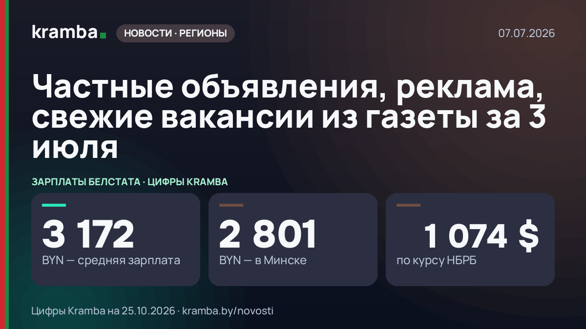Инфографика Kramba: Частные объявления, реклама, свежие вакансии из газеты за 3 июля