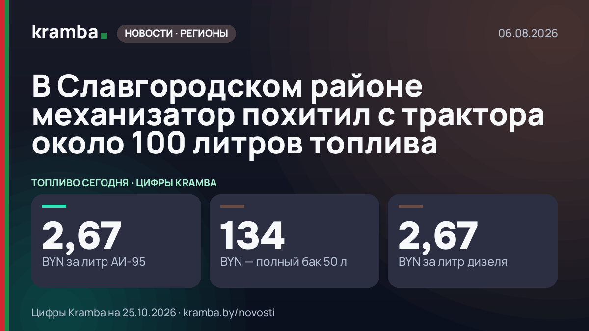 Инфографика Kramba: В Славгородском районе механизатор похитил с трактора около 100 литров топлива