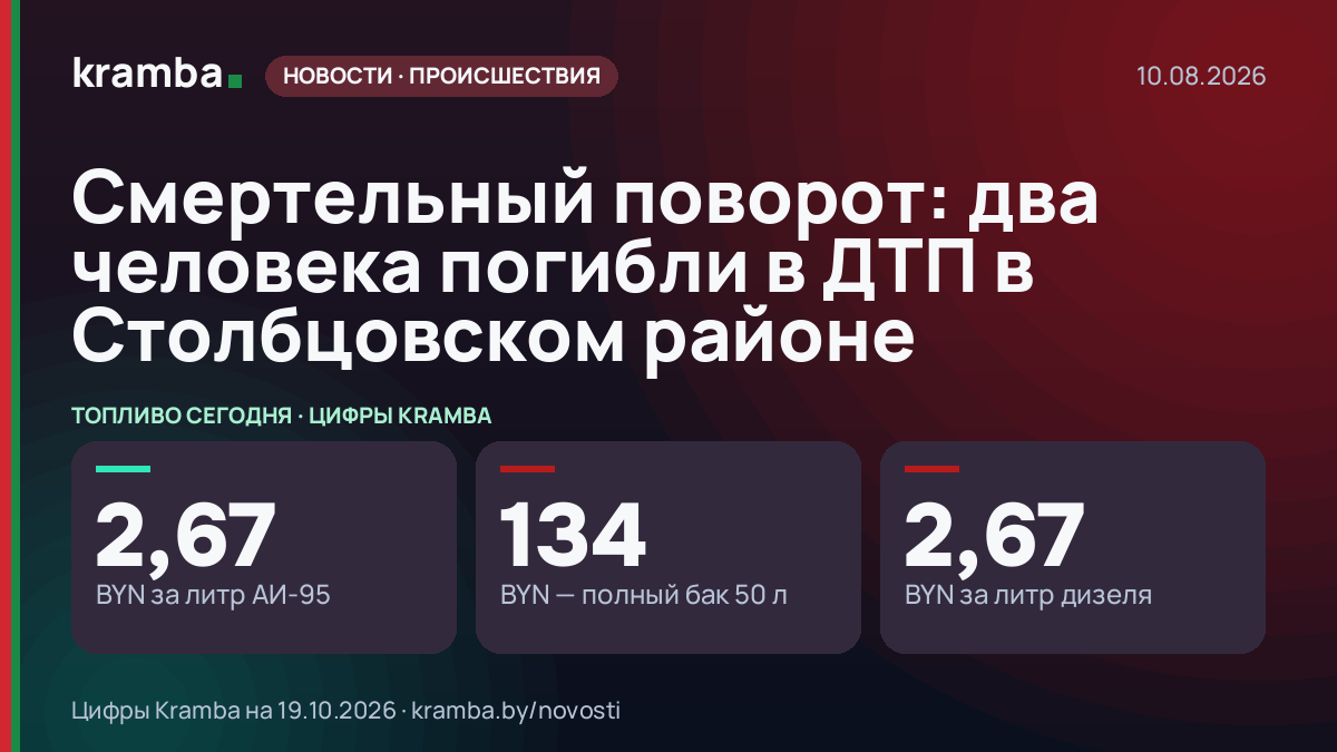 Инфографика Kramba: Смертельный поворот: два человека погибли в ДТП в Столбцовском районе