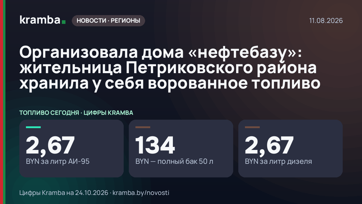 Инфографика Kramba: Организовала дома «нефтебазу»: жительница Петриковского района хранила у себя ворованное…
