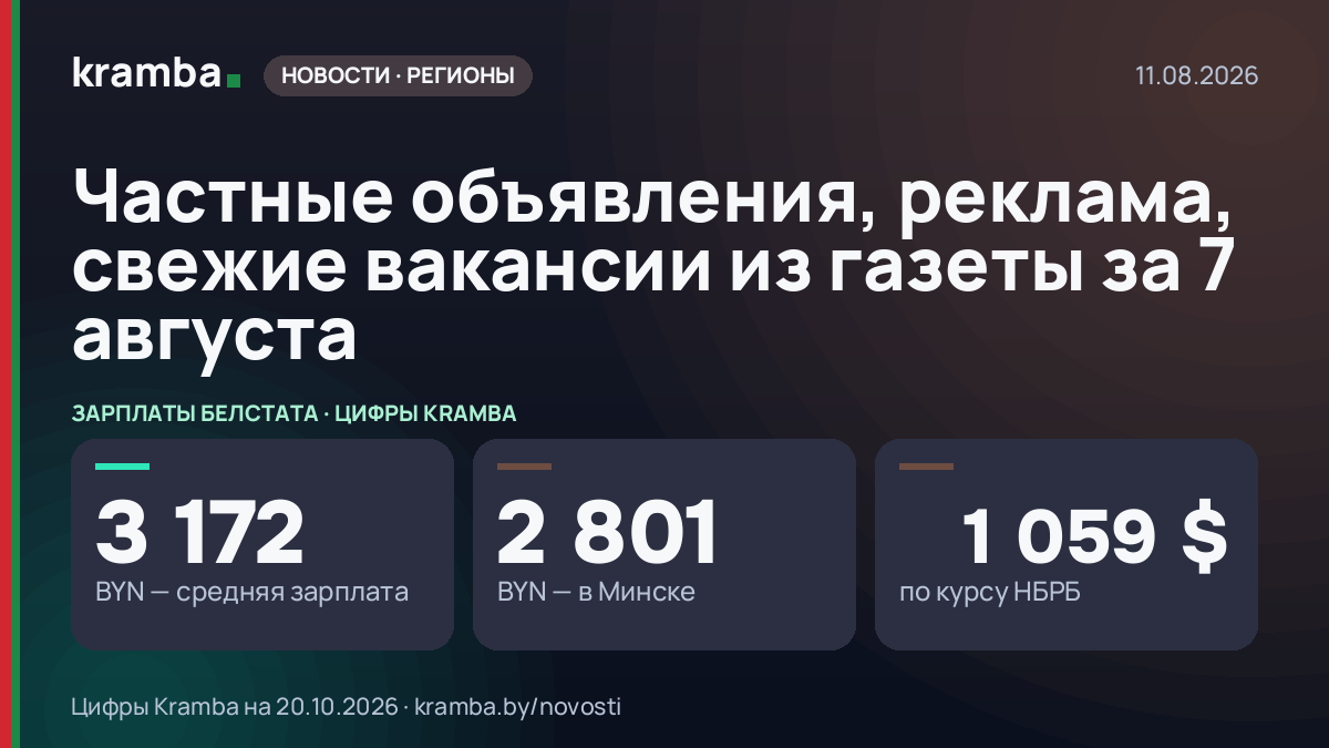 Инфографика Kramba: Частные объявления, реклама, свежие вакансии из газеты за 7 августа