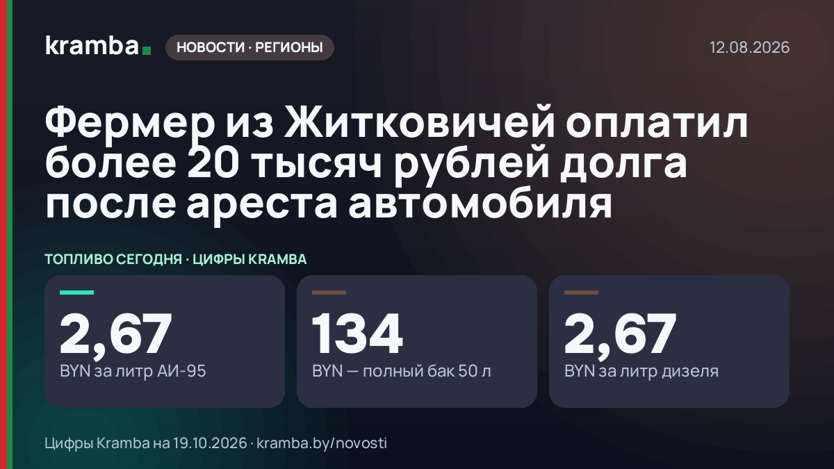 Инфографика Kramba: Фермер из Житковичей оплатил более 20 тысяч рублей долга после ареста автомобиля