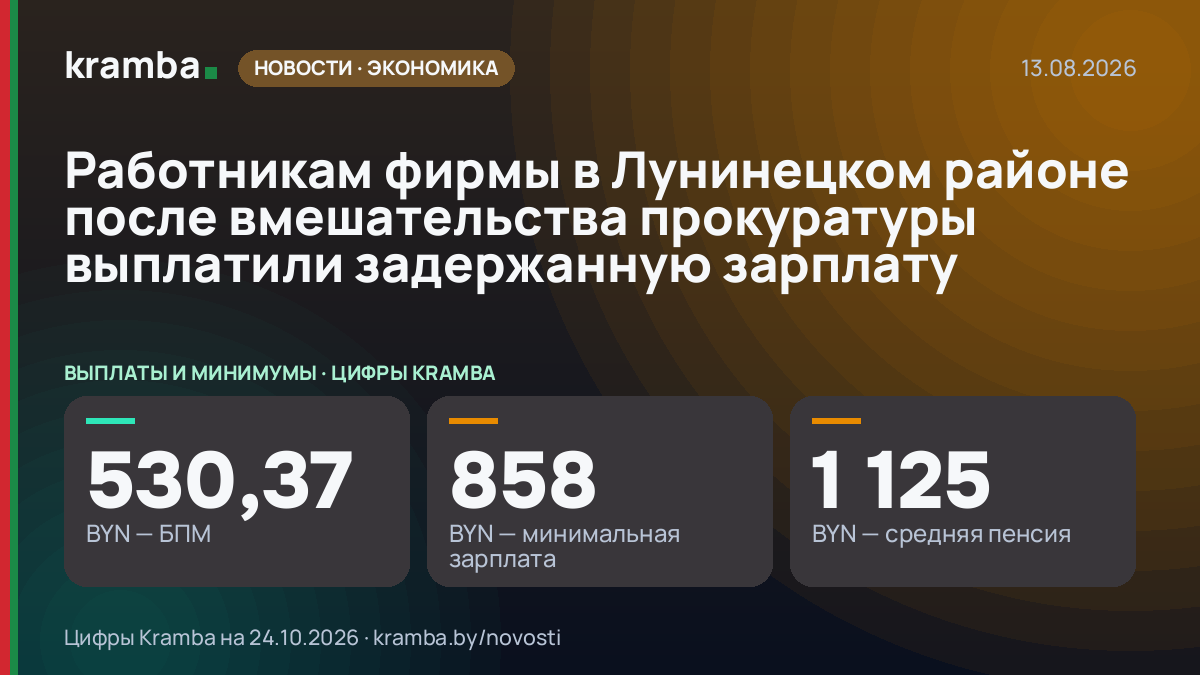 Инфографика Kramba: Работникам фирмы в Лунинецком районе после вмешательства прокуратуры выплатили…