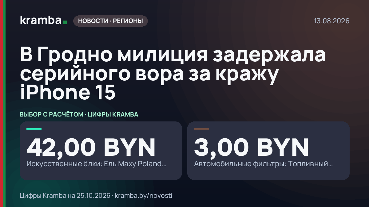 Инфографика Kramba: В Гродно милиция задержала серийного вора за кражу iPhone 15