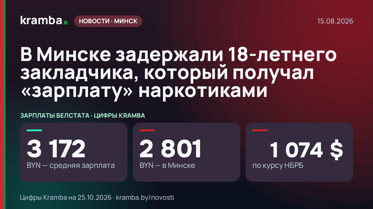 Инфографика Kramba: В Минске задержали 18-летнего закладчика, который получал «зарплату» наркотиками